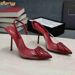 PVC Cover Pointed Toe Sandals Patent Leather Pleated Stiletto High Heels Women Sexy Fashion Back Strap Sandals Black/red/nude