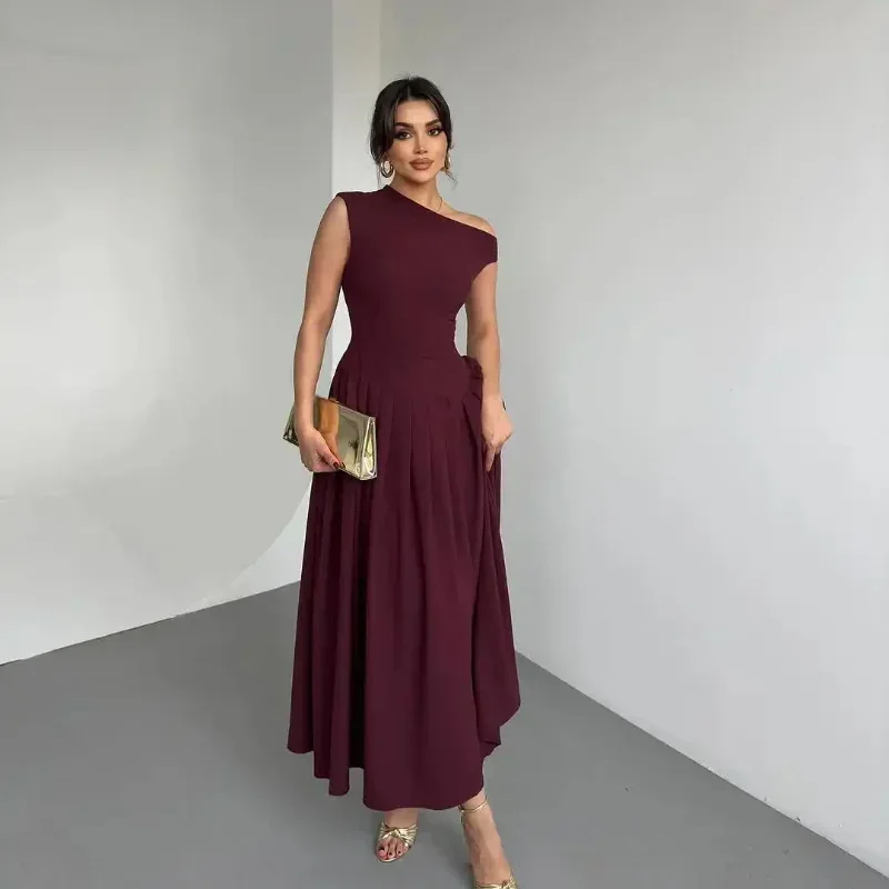 ฤดูใบไม้ร่วงเซ็กซี่ปิดไหล่ชุดยาวผู้หญิงสูงเอว Patchwork Slim Party Dress Solid Smocked แขนสั้นชุดยาว