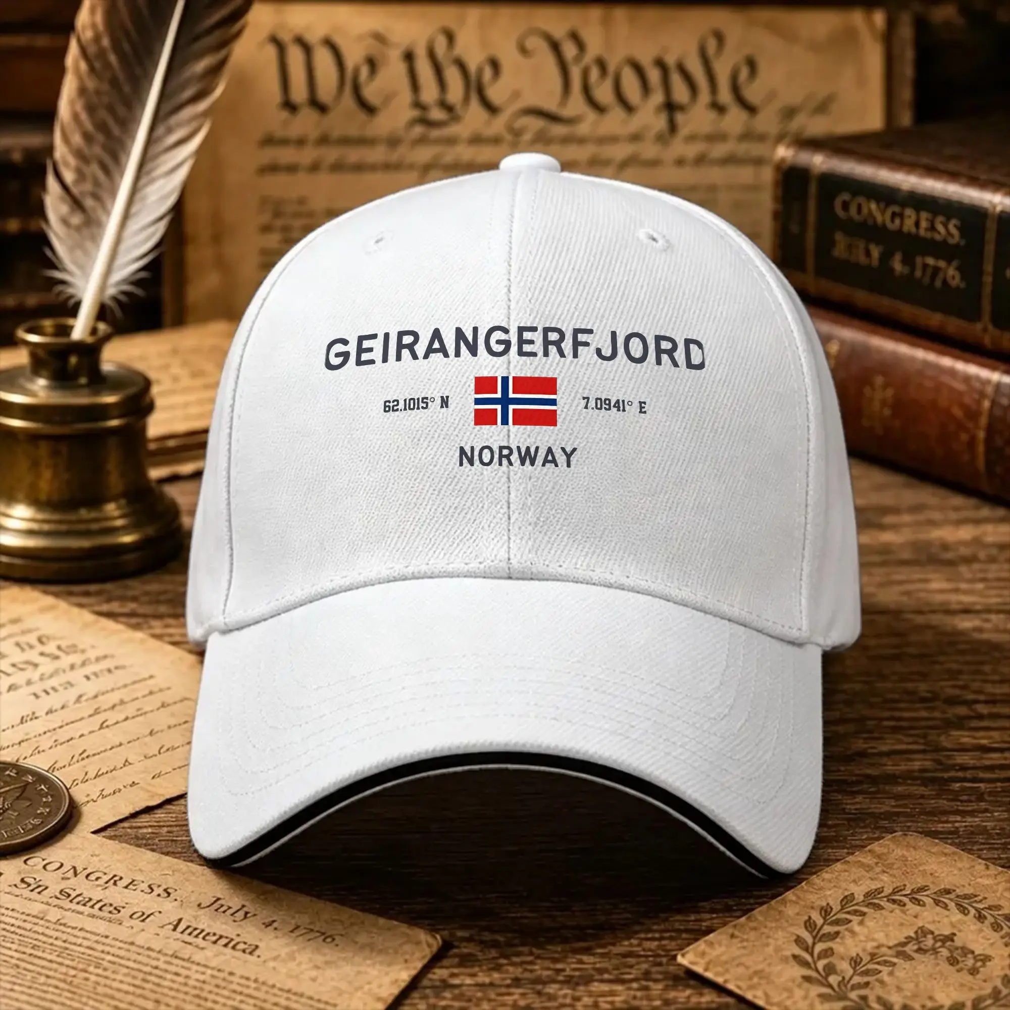 Geirangerfjord Norway  Coordinates & Flag Travel Baseball Cap  Tennis Skate Trucker Hat Summer Female Male Stylish Snapback Cap