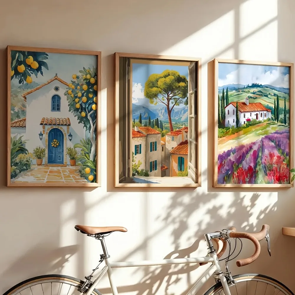 Frameless Coast and Tuscan Landscape Featuring Italian Murals,Mediterranean Travel Poster,Modern Bohemian Gallery Wall Art Decor