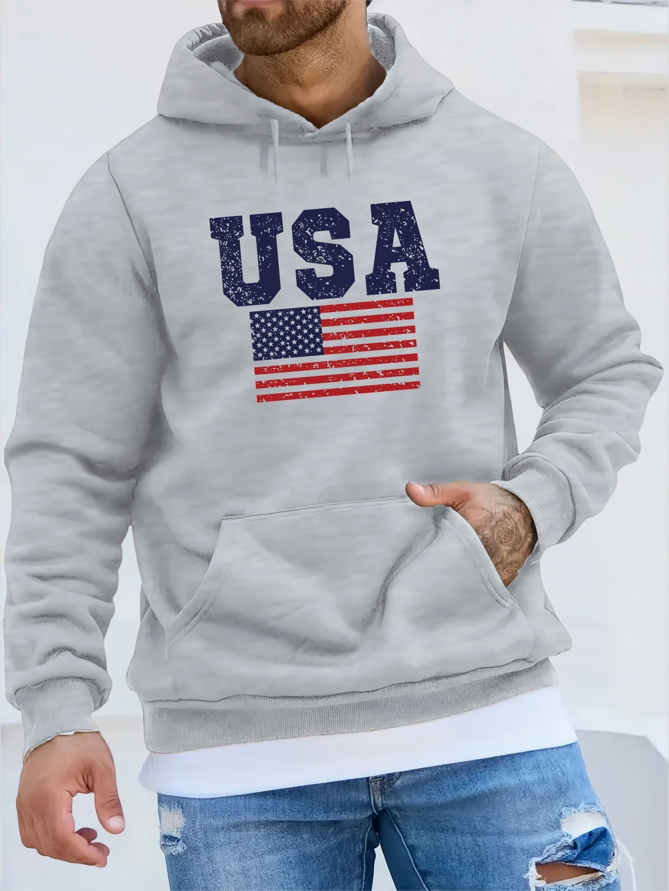 Men\'s American Flag Hoodie Sweatshirt with Long Sleeves, Kangaroo Pocket, and Casual Styling for Autumn and Winter Activities