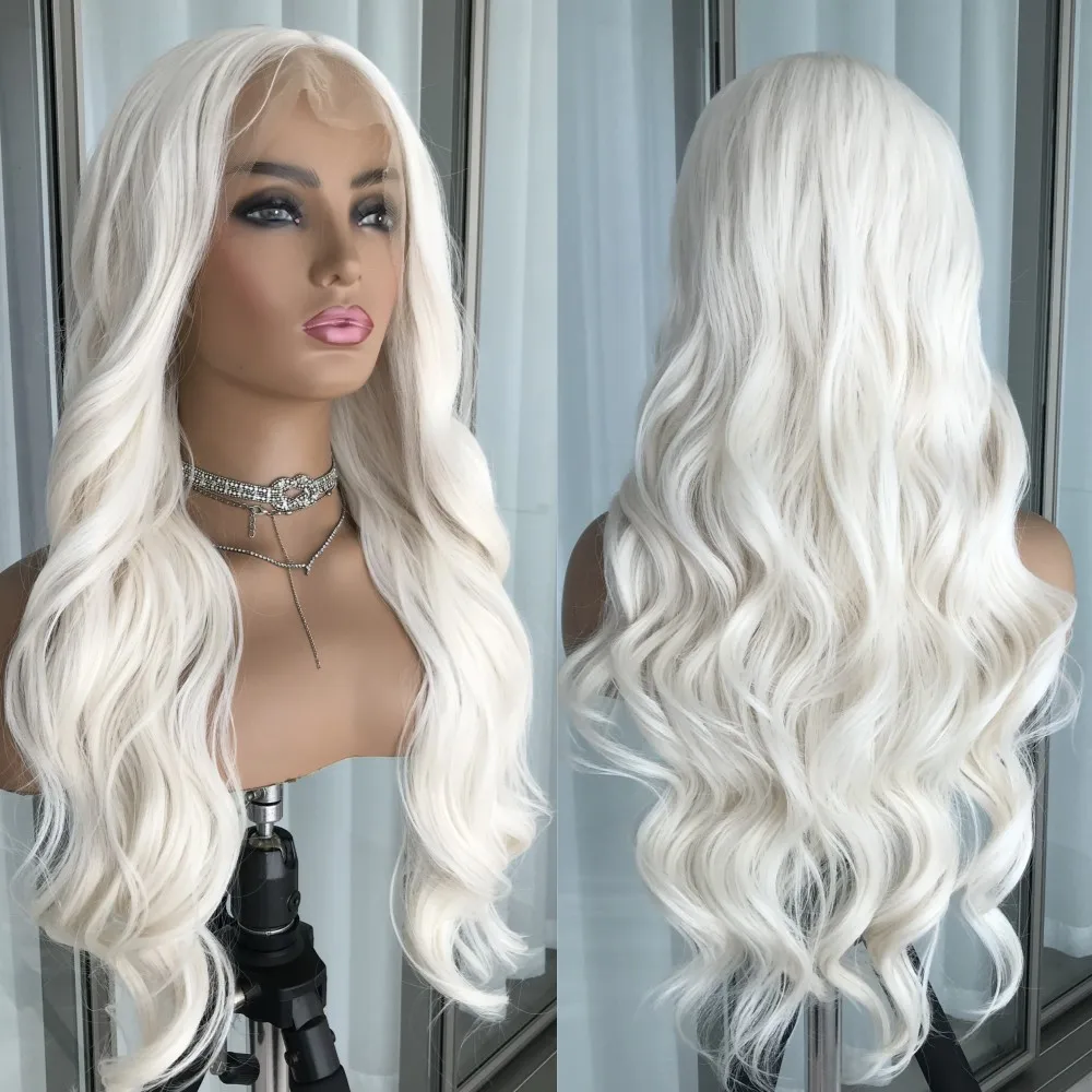 White Body Wave Lace Front Wig Synthetic Hair Pre Plucked Transparent Synthetic Lace Wigs long Wavy Brown Blonde Colored Wig