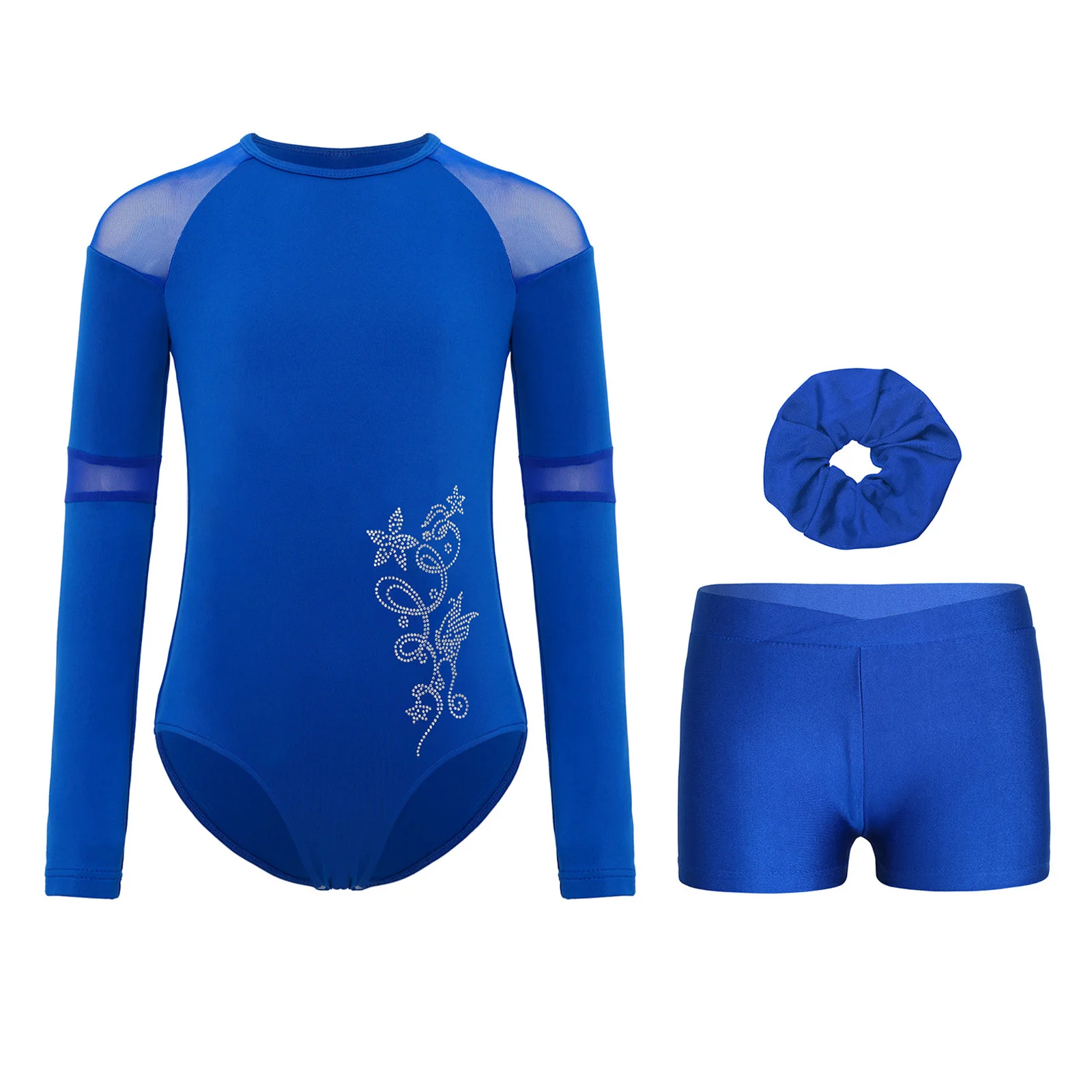 

Kids Girls Thin Fleece Lined Gymnastics Figure Skating Dance Costumes Long Sleeves Rhinestones Flower Leotard+Shorts+Hair Band