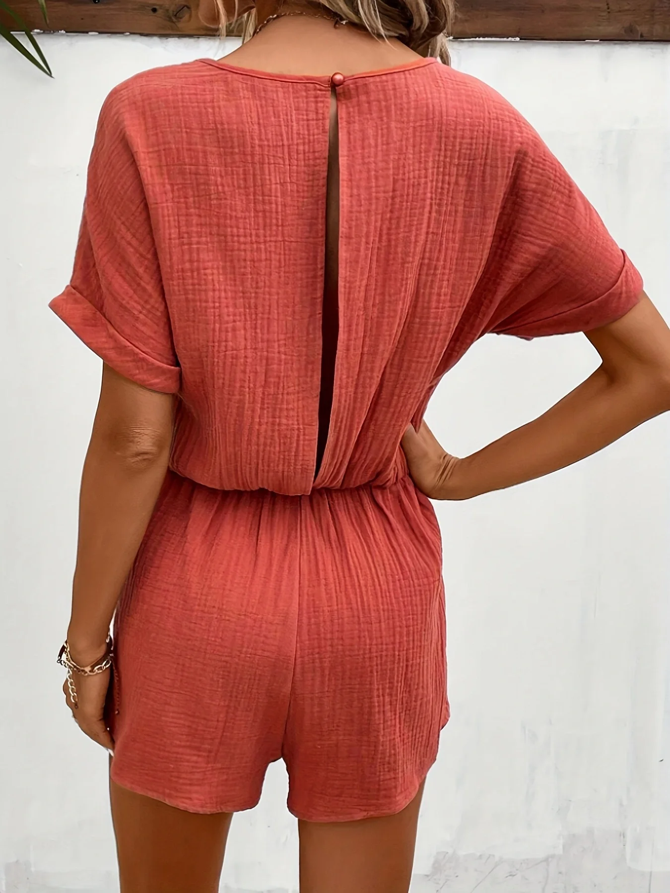 2026 Summer New Bohemian Style V-Neck Buttoned Waist-Cinching Jumpsuit Vacation Casual Back Cutout Batwing Sleeve Jumpsuit for Women