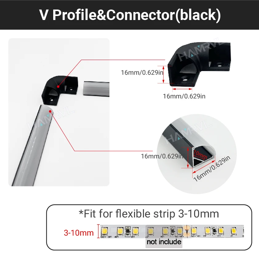 0.5m/1m V-Shape LED Aluminum Channel System with Cover &  90° Connectors , For 8-12mm LED Light Strip（ Indoor/Cabinet Lighting）
