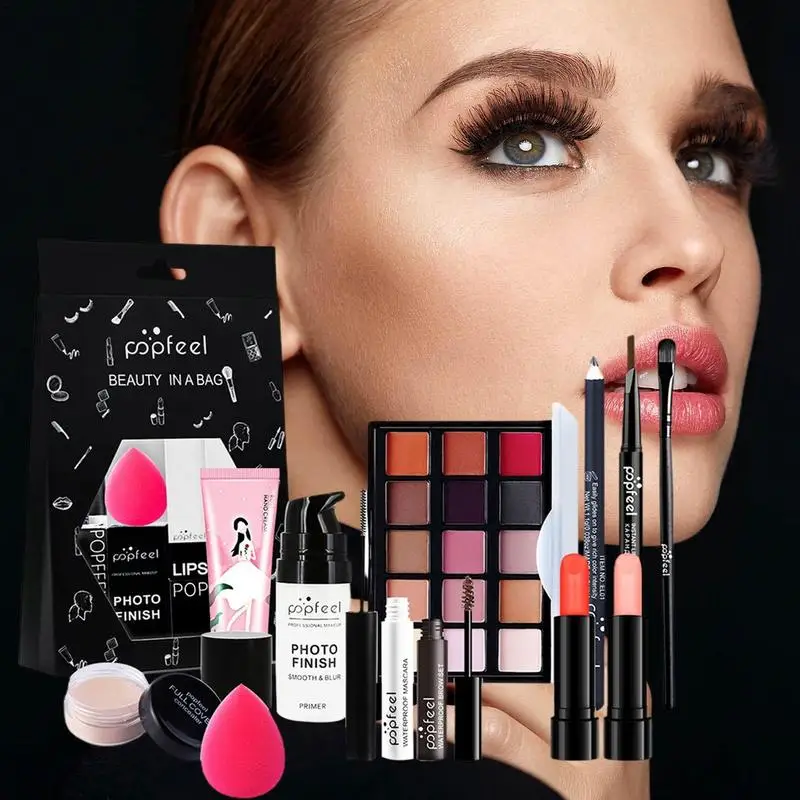 12 stücke alles in 1 Make-up-Kit 15 Farben Lidschatten-Palette Primer Gesicht Foundation Mascara Lip gloss Eyeliner Augenbrauen Bleistift Rouge machen