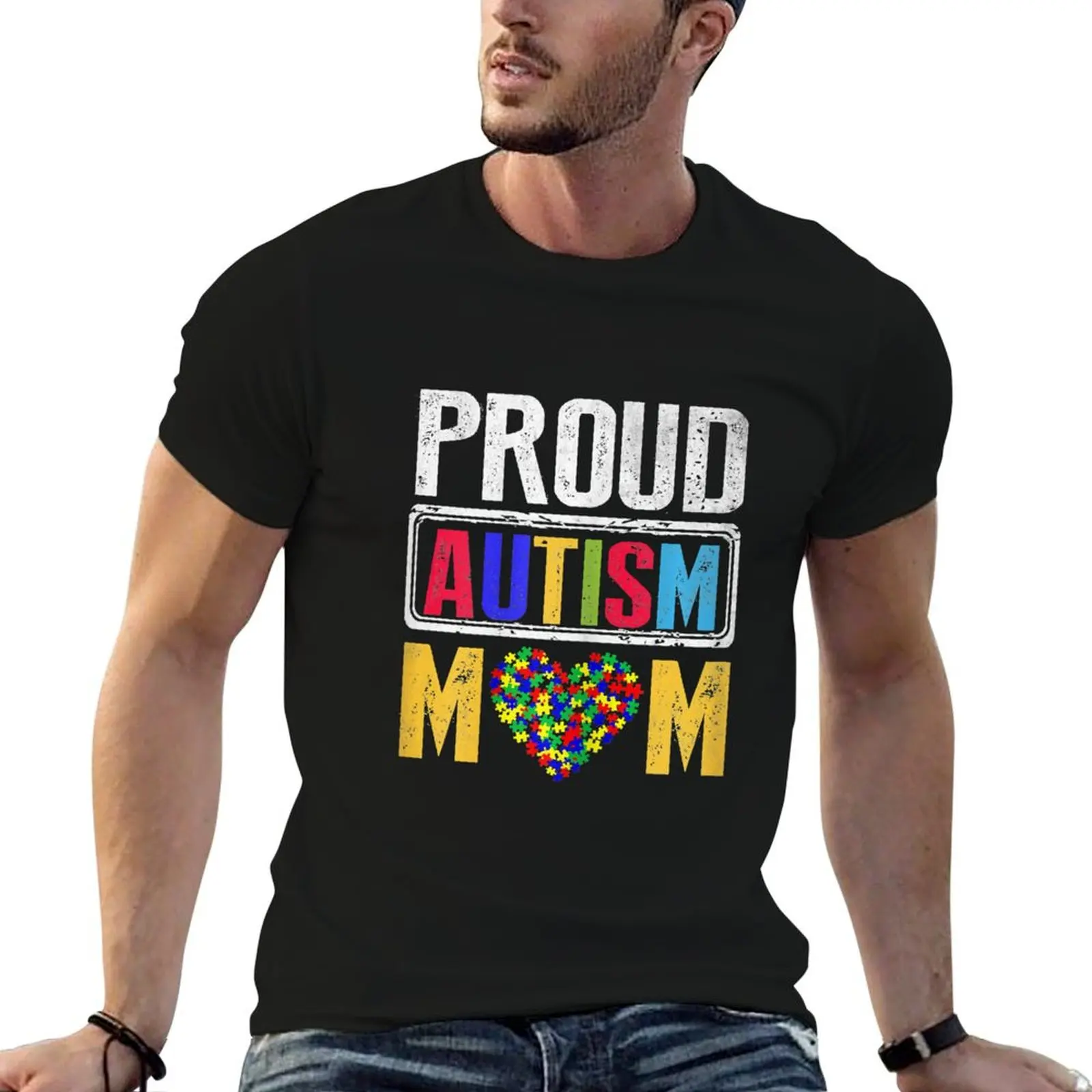

Proud Autism Mom Autism Awareness Puzzle Pieces Heart T-Shirt essential t shirt man t shirt cotton T-Shirt