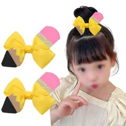 2PCS Back To School Hair Clips Cute Bow Pencil Hairpin For Girls Handmade Hairgrips Unique Solid Barrettes Kids Hair Accessories