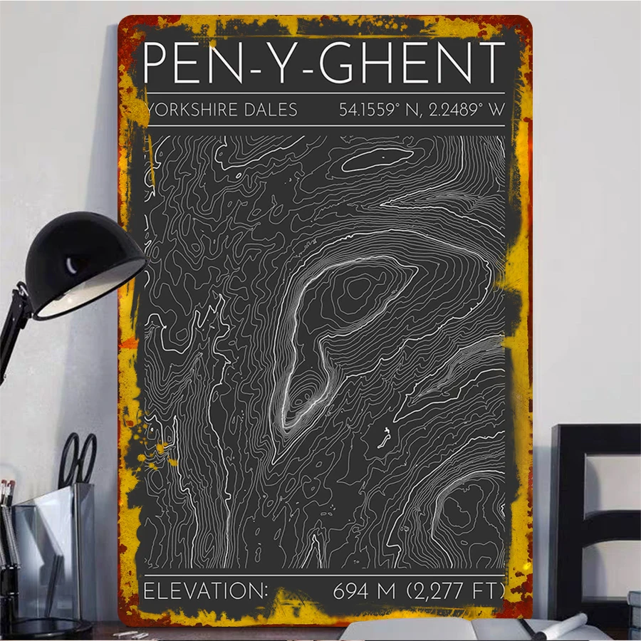 Pen y Ghent Yorkshire Dales Topographic Map Metal Wall Art 694m Elevation Hiking Decor