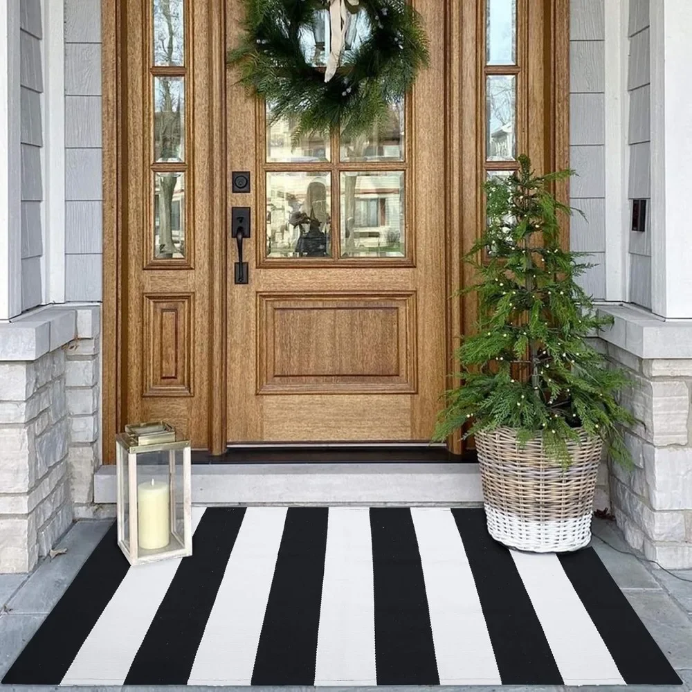 

Black and White Area Rug 27.5x43 Inches Striped Front Door Rug Cotton Washable Indoor Outdoor Rug Doormats Outdoor Small Stripe