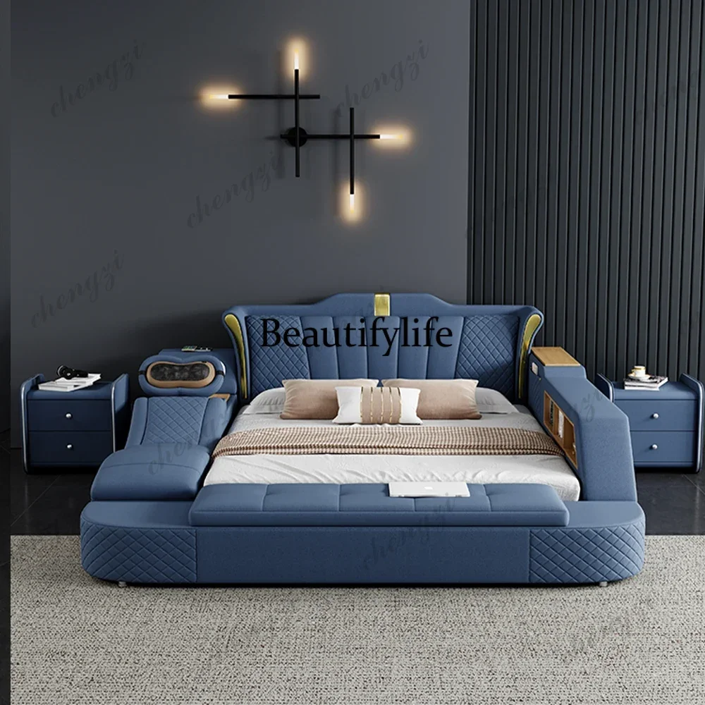 Modern Tech Smart Genuine Leather Bed with Massage, Bluetooth Speakers & USB – Luxury Multifunctional King Size Bed with