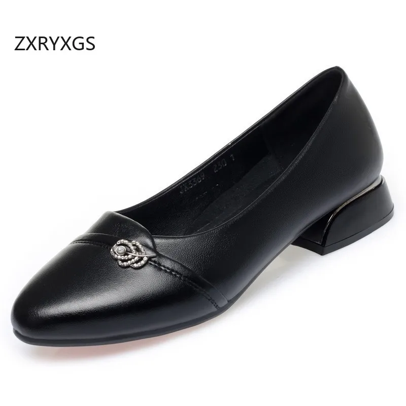 ZXRYXGS 2026 New Autumn Genuine Leather Rhinestone Women Fashion Shoes Comfortable Low Heels  Big Size Office Work Banquet Shoes