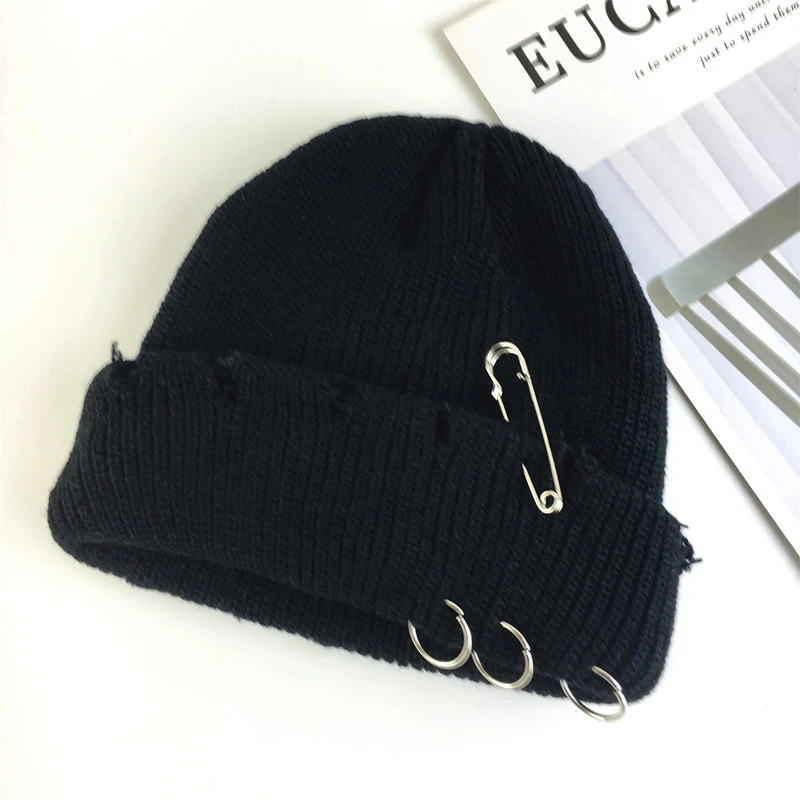 Winter Punk Skullies Women Warm Harajuku Hole Knitted Hat Autumn Hip hop Beanies Fashion Basic Unisex Cap PJ511