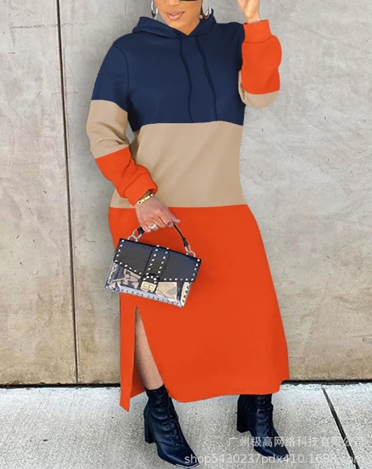 

Women British Style Dress 2024 Spring Summer Latest Half High Collar Patchwork Contrasting Long Sleeved Hooded Dress Long Skirt