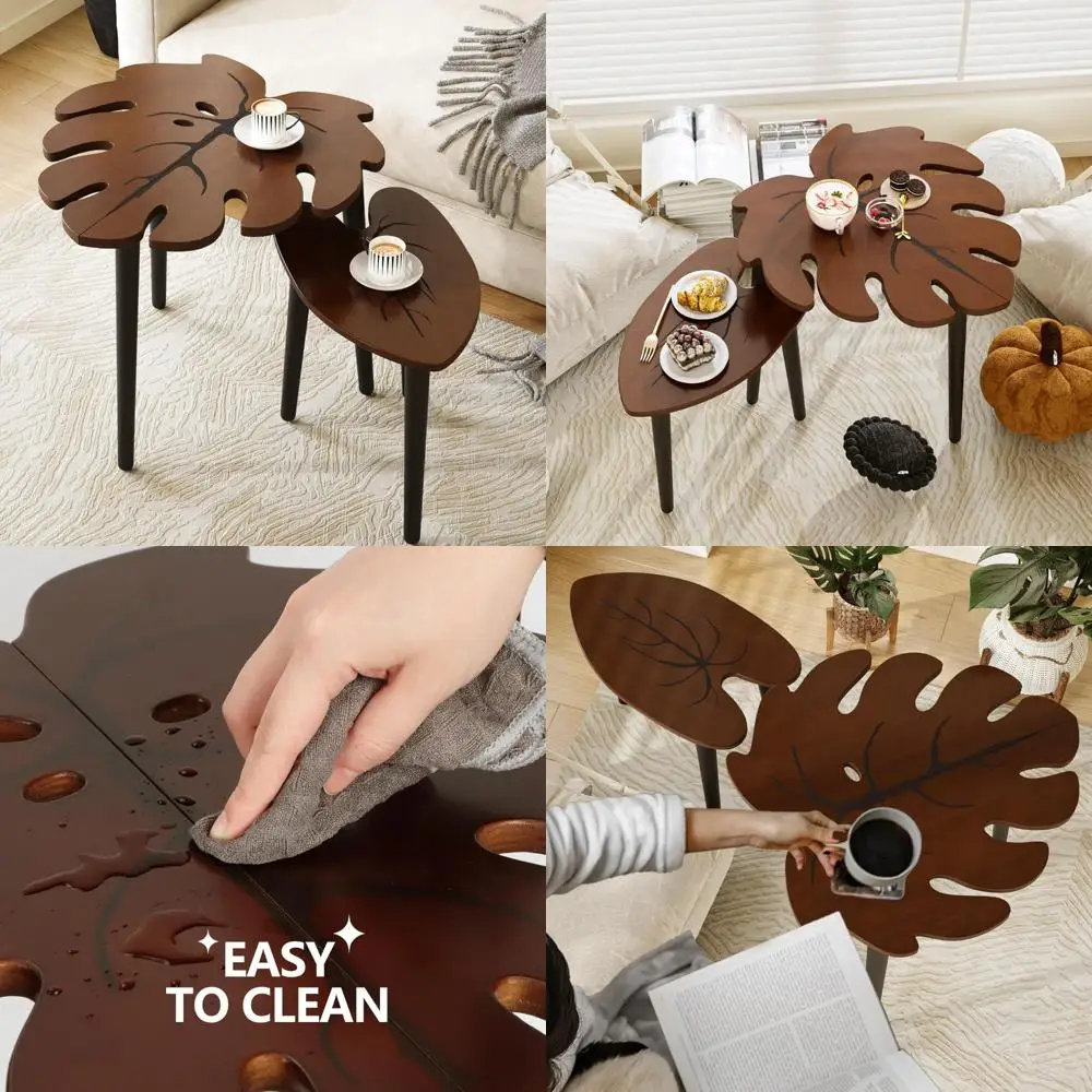 

bameos monstera leaf nesting tables set of 2, small coffee table set with leaf vein pattern, modern wooden side tables for livin