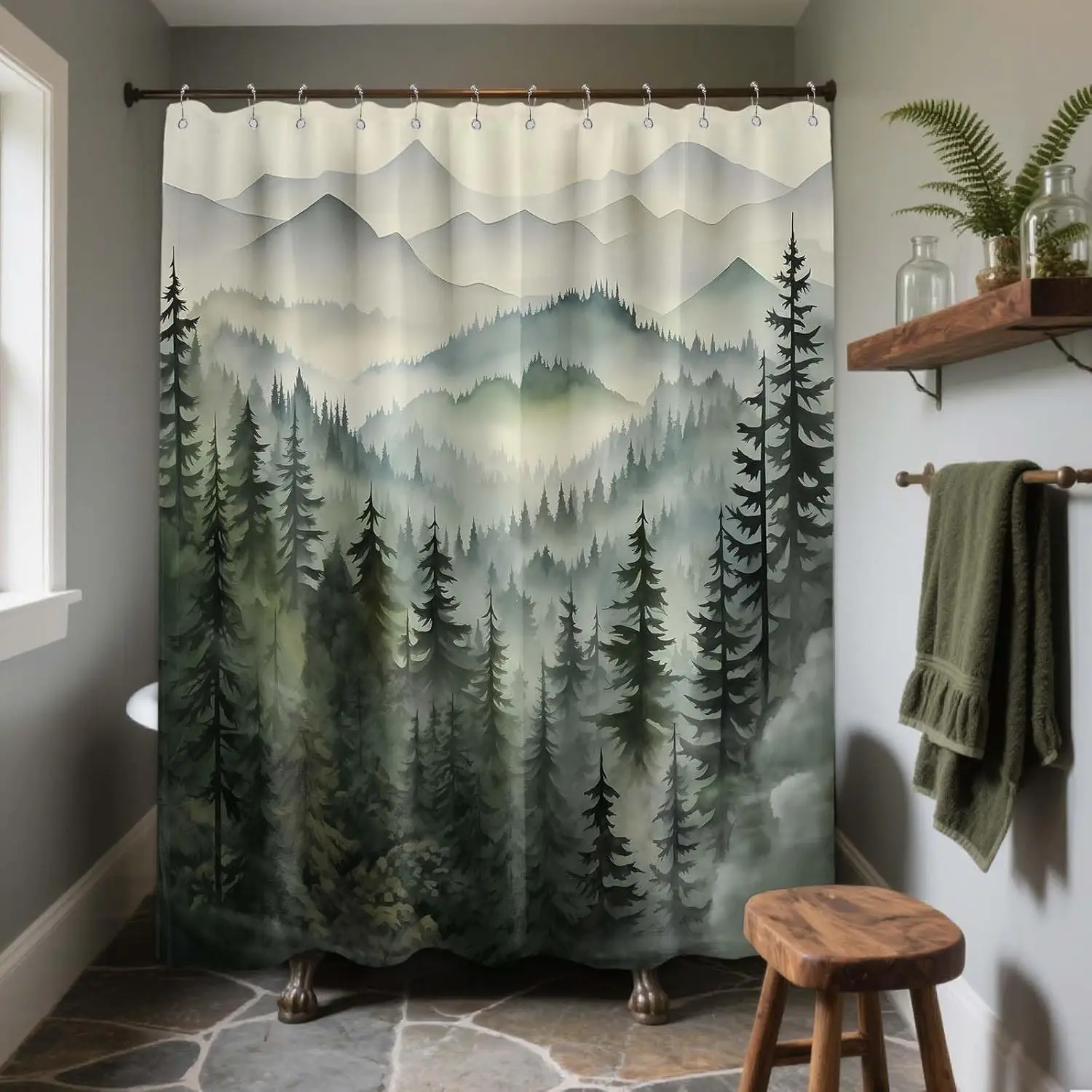 

Green Forest Nature Shower Curtain, Waterproof Polyester with Hooks, 70x72in for Rustic Bathroom Decor