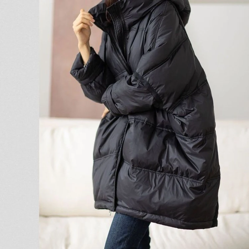 2024 New Winter Women White Duck Down Loose Jacket With Hood Female Thick Warm Outwear Casual Over Size Patchwork Coats