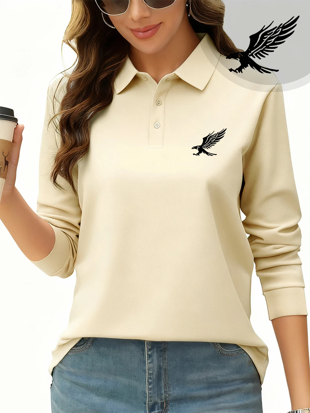 Fierce Eagle Printing Polo Shirts Womens All Season Breathable Lapel Tops Sporty Long Sleeves T-Shirts Casual Womans Clothes
