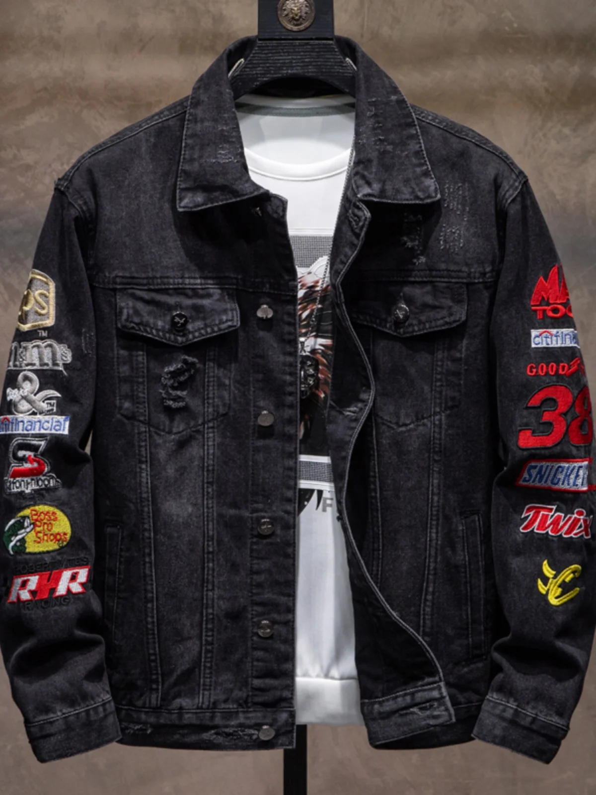 

Trendy Brand Men's Embroidered Denim Jaet Loose Fit Spring Autumn Casual Long Sve Torn Jeans Jaet Youth Faion