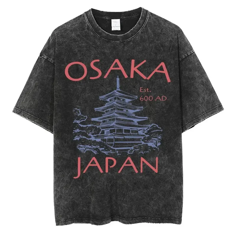 Vintage Osaka Japan Graphic T Shirt Men Washed Cotton Retro City Landmark Print Tee Harajuku Style Summer Top Streetwear
