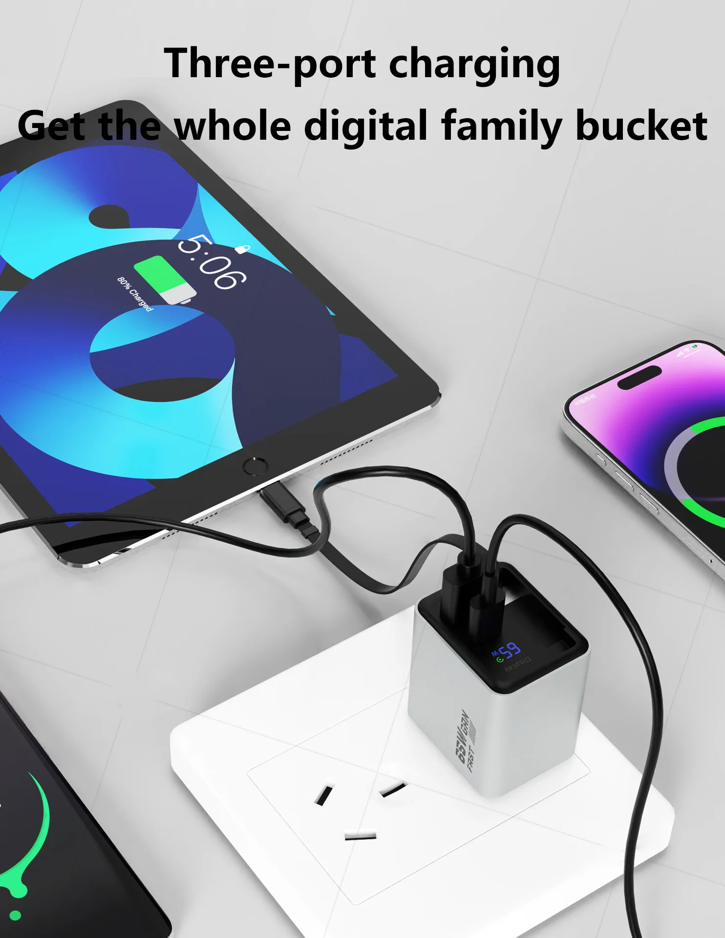 65W Digital-Display-Ladegerät, Multi-Port-Ladeadapter, US- und UK-Stecker, einziehbares Kabel, GaN-Schnellladegerät für Apple-Geräte – Detail 5