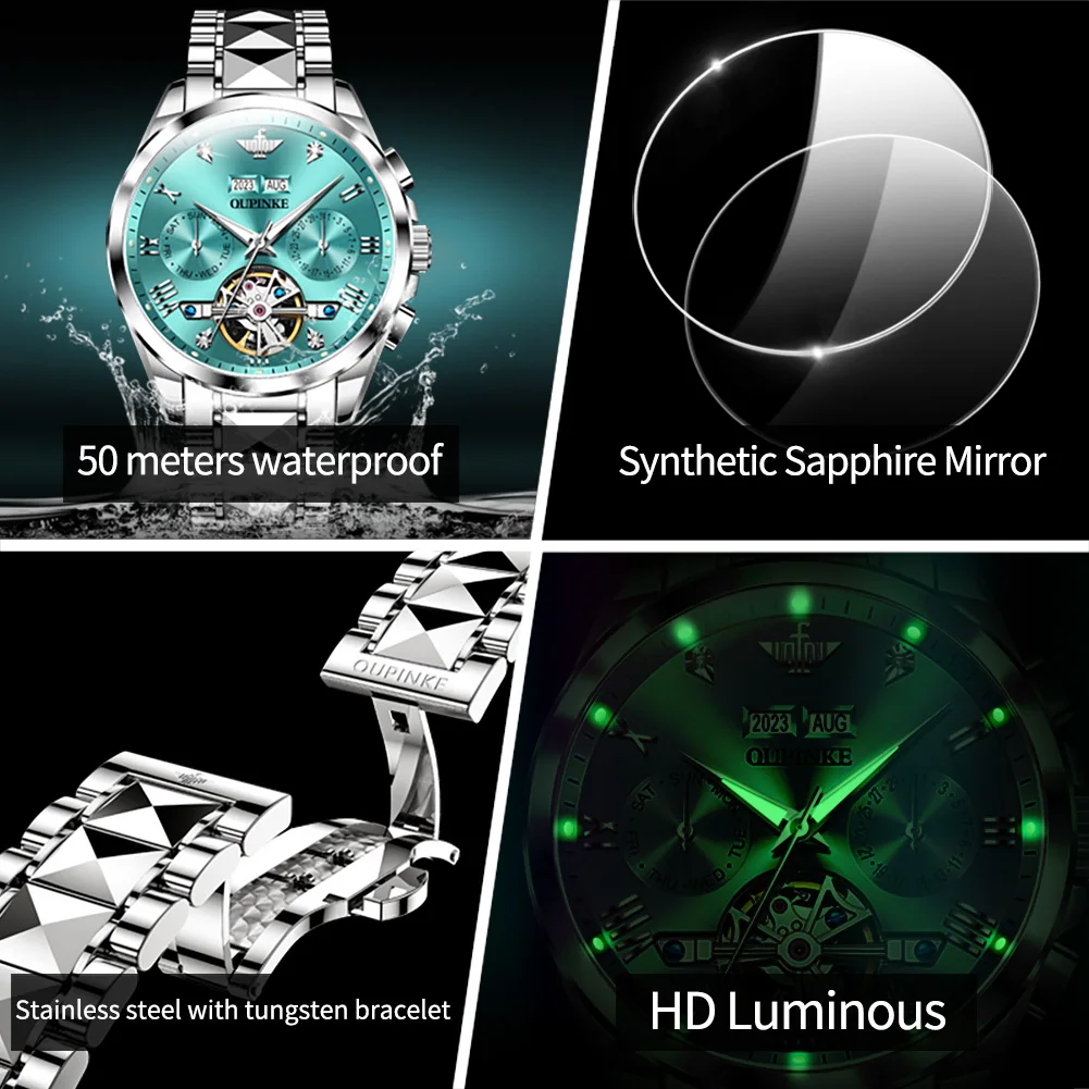 OUPINKE Luxury Brand Tungsten steel Automatic Mechanical Men\'s Watches Multifunction Hollow Out Waterproof Original Wristwatch