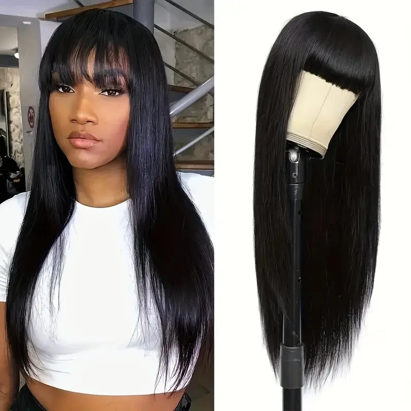 Alimice Long Straight Human Hair Wigs with Bangs Machine Made Straight Virgin Human Hair None Lace Front Natural Color