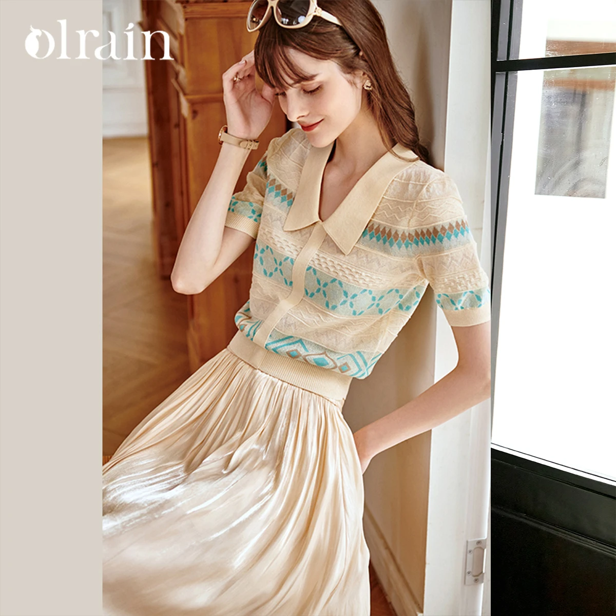 

OLrain Women Knitwear Jumper 2025 Summer French Haute Couture Jacquard Knitted Sweater Fashion Commute Thin Lapel Top O21XZ51882
