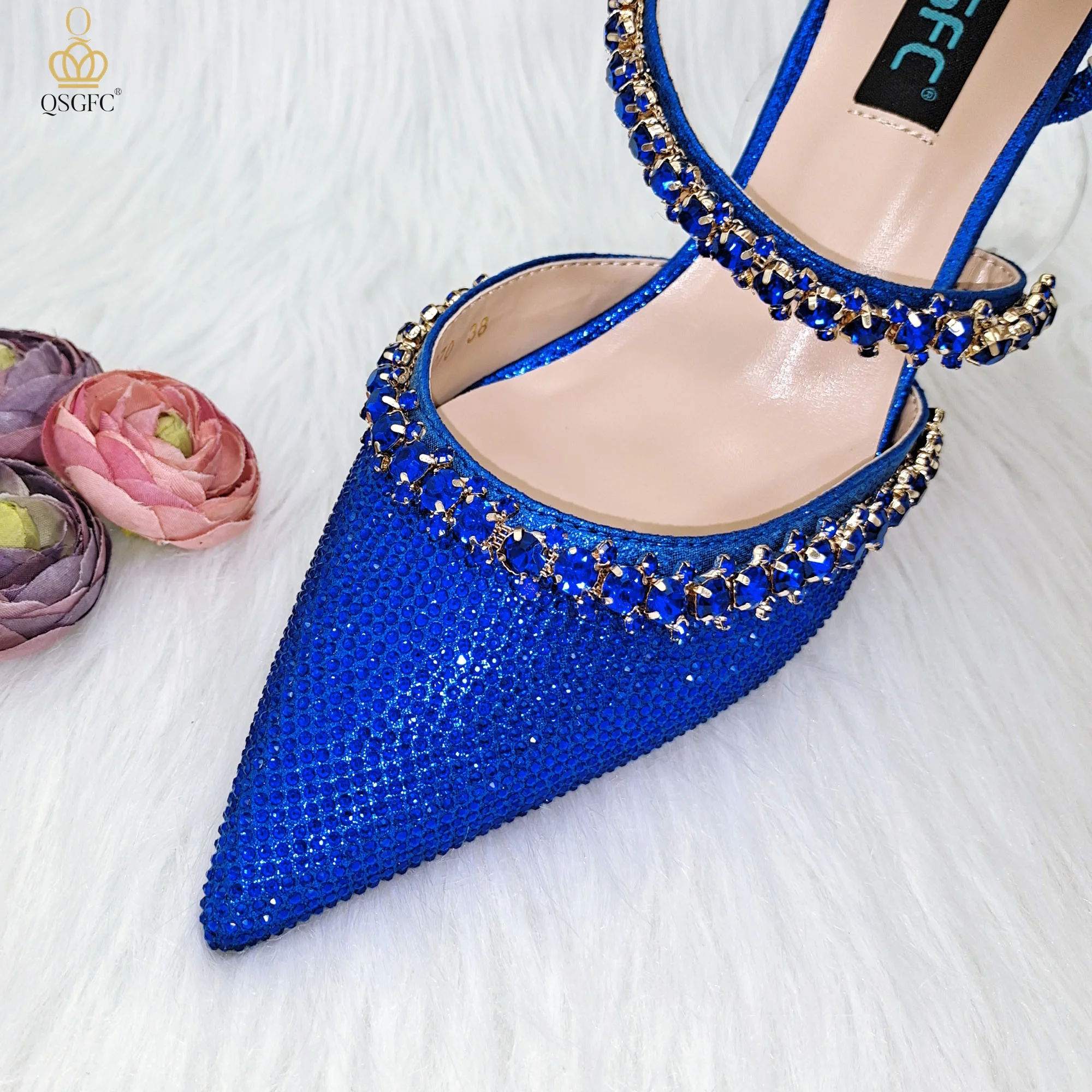 QSGFC Simple Exquisite Royal Blue High Heels Metallic Drill Chain Decoration Bucket Bag Fashion Banquet Shoes and Bag