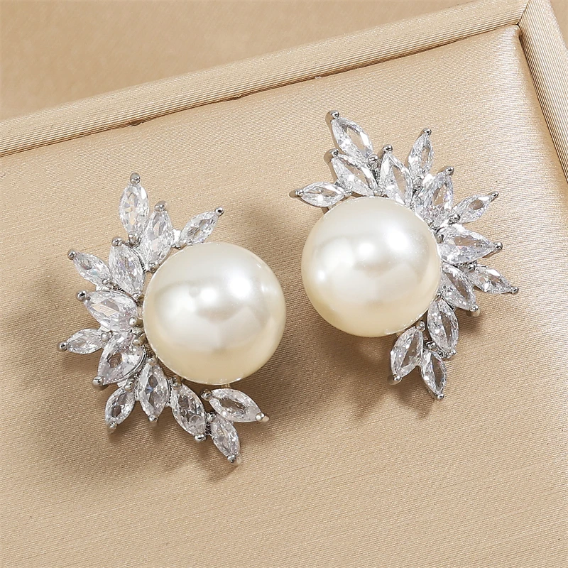 ZAKOL White Imitation Pearl Leaf Stud Earrings for Women Shiny Marquise Zircon Bridal Earring Wedding Jewelry