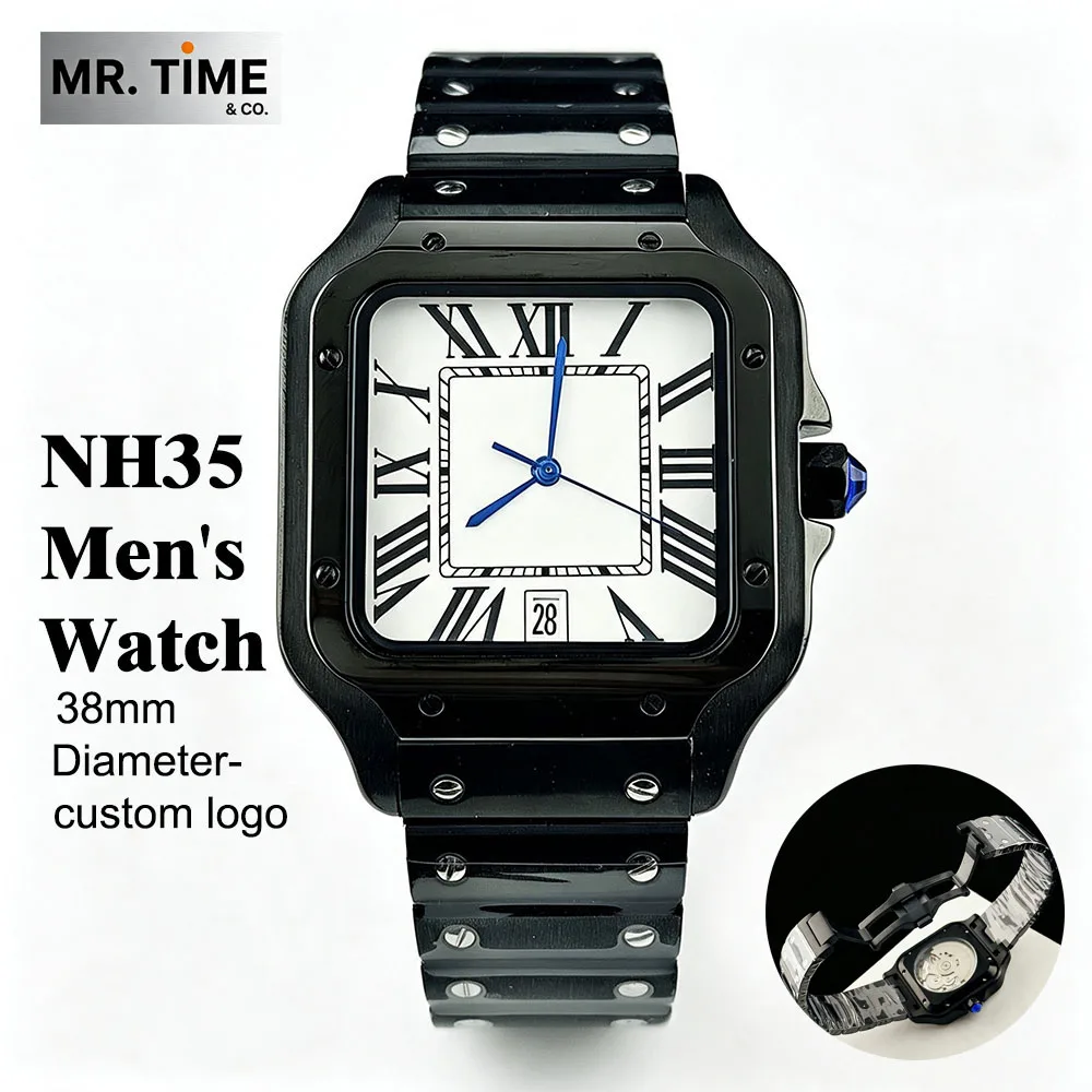 2026  black watch 6 o'clock watch custom logo Roman dial NH35 square watch 38mm watch stainless steel watch NH35 movement