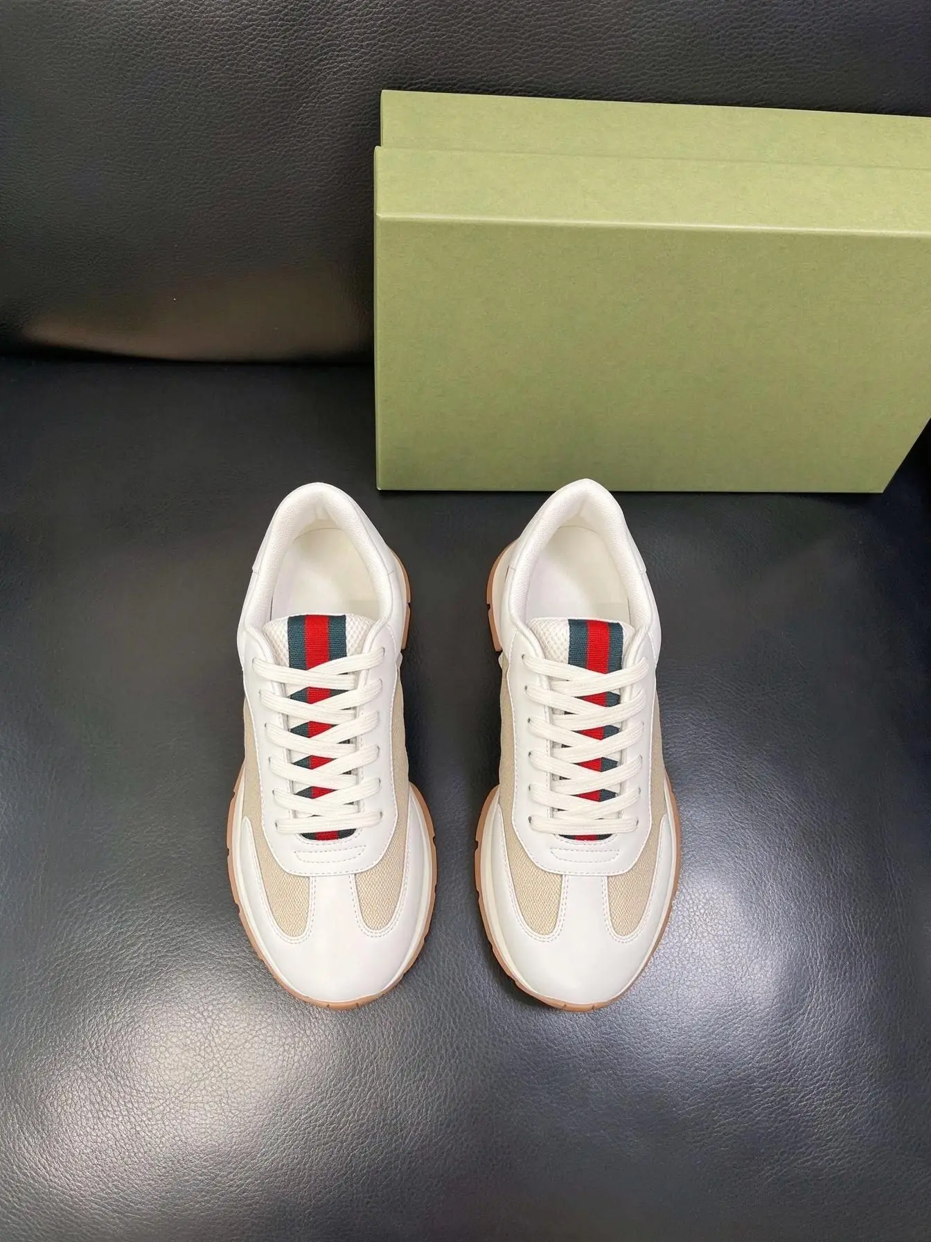 Unisex White Beige Patchwork Sneakers, Red Green Web Stripe Lace Up Low Top Gum Thick Sole Casual Walking Shoes
