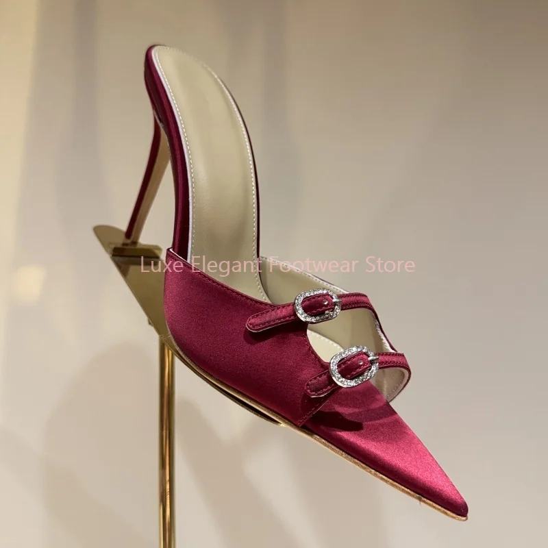 

Red Satin Crystal Pointed Toe Mules Slippers Women Open Toe Hollow Buckle Strap Stiletto Sandals Luxury Fashion Party Prom Shoes