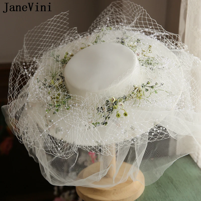 JaneVini Spring Summer Outdoor Bride Wedding Hats Pearls Mesh Net French White Bridal Hats Church Women Ladies Head Accessories