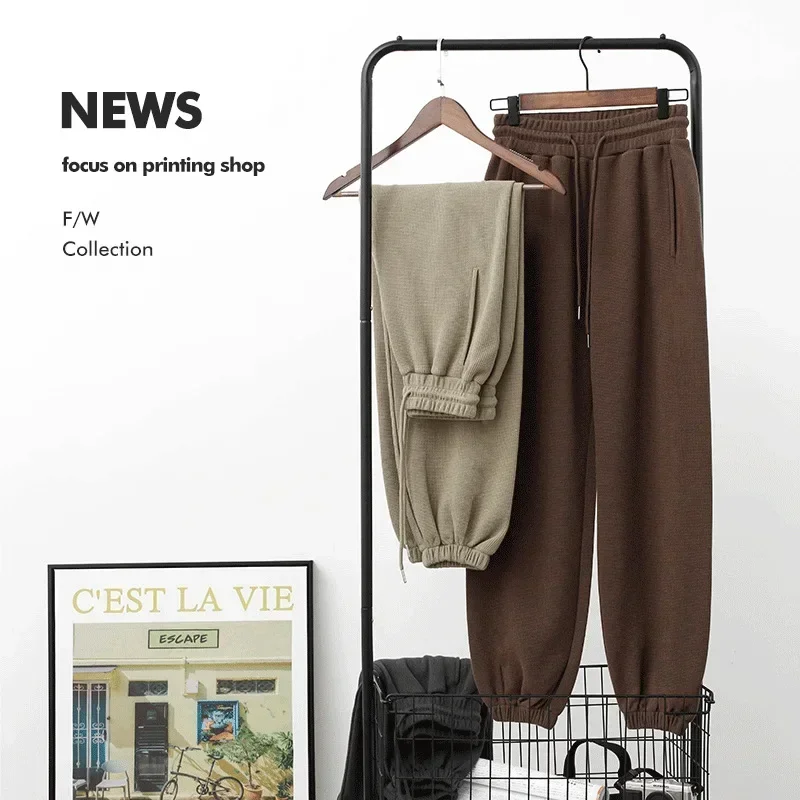 2023 Men's Casual Pants Loose Waffle Plaid Pants Young Men Spring Autumn Seasons Sweatpants Casual Sweatpants