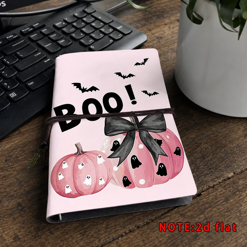 Pink Halloween Travel Journal Cute Pumpkin Ghost Bow Bat Print Binding Notebook Boo Pattern Diary Stationery Halloween Gift