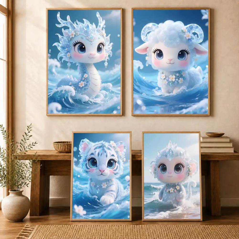 Cartoon Twelve Zodiac Animals Poster Wall Stickers Self Adhesive Painting HD Art Decals for Bedroom Living Room Home Decor