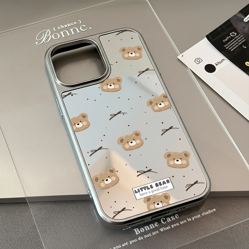 Hochwertige, sturzsichere Spiegel-Handyhülle, niedliche Bärenhülle für iPhone 11/12/13/14/15/16/17 Pro Max AIR PLUS
