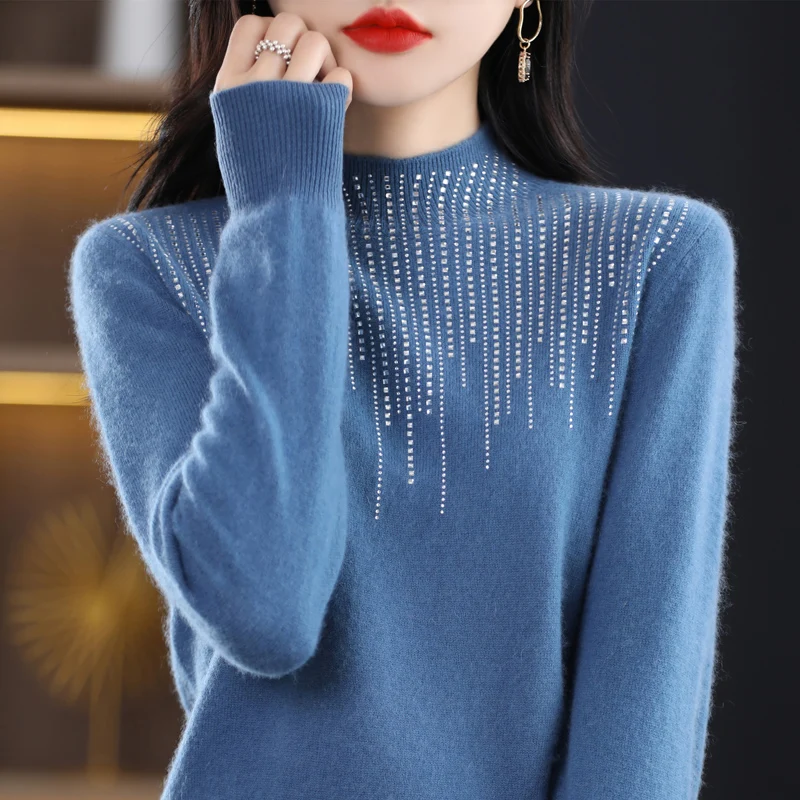 New Women's sweater for Autumn/Winter 100% Merino wool semi-turtleneck pullover Fashion diamond-encrusted warm base knit shirt