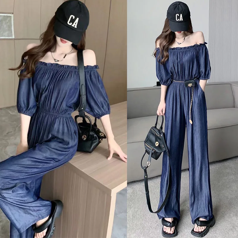 

Легкий джинсовый комбинезон, женские летние утягивающие брюки ort Sve, длинные брюки с высокой талией и широкими штанинами на одно плечо