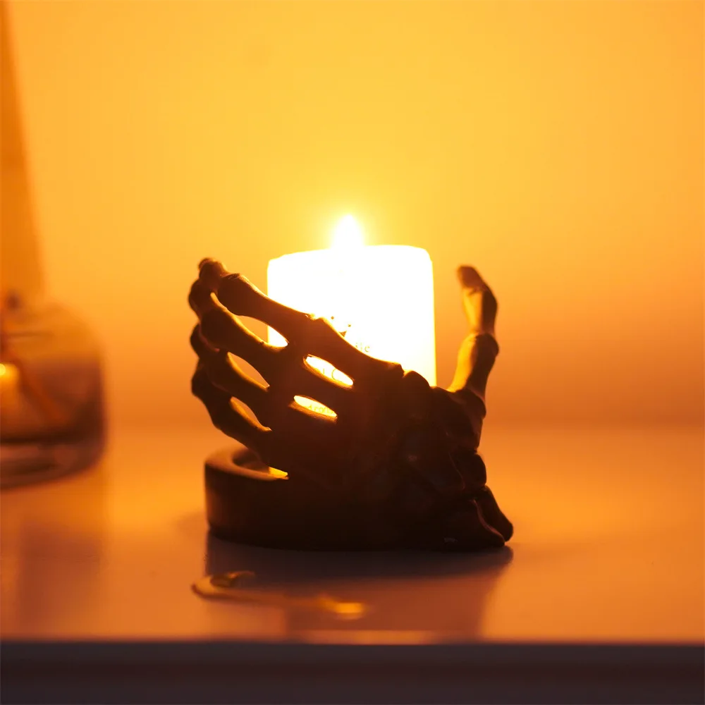 Skeleton Hand Candlestick Holder Statue Tea Wax Bottom Support Pillar Festive Home Decor Resin Skull Figures Decor Ornament