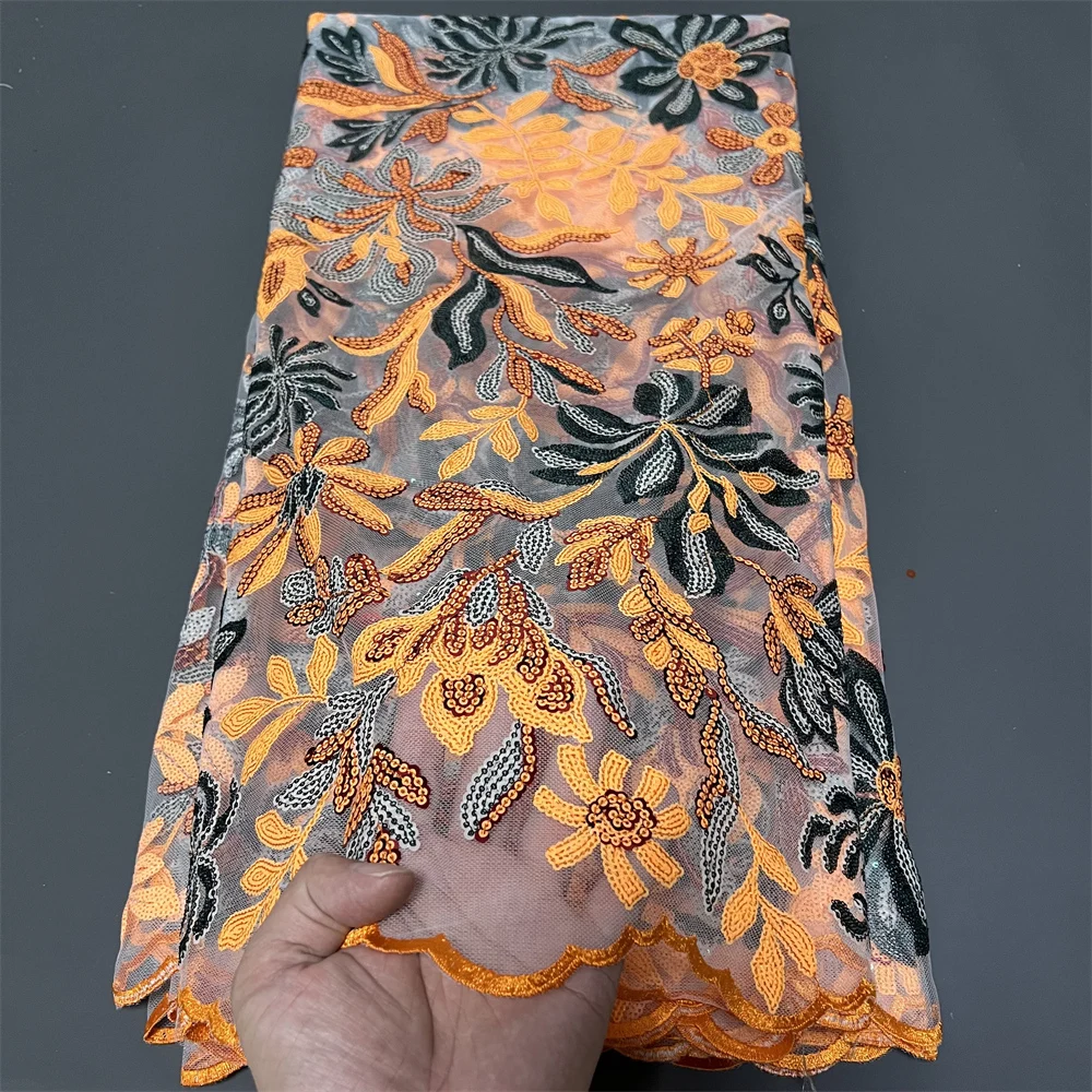 

2025 African Nigerian High-Quality Sequins Tulle Lace Fabric for Prom Dresses Net Cloth Beads Embroidery Sewing 5Yard ZJ085