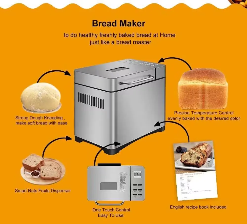19-in-1 Programmable Automatic Bread Maker 3 Loaf Sizes with Fruit Nut Dispenser