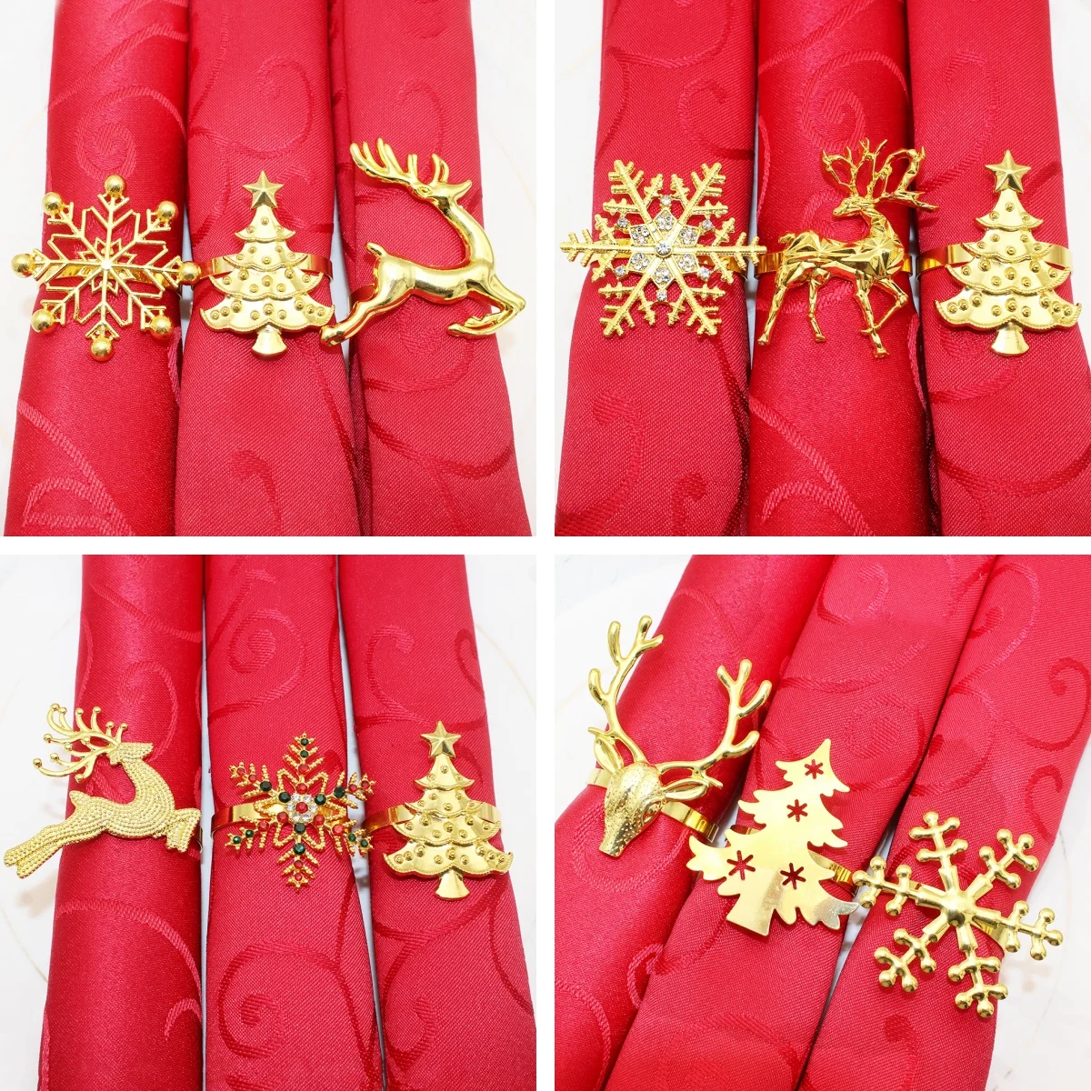 6Pcs Gold Christmas Napkin Ring Set Snowflake Xmas Tree Serviette Buckle Metal Elk Napkin Holder for Home Christmas Table Decor