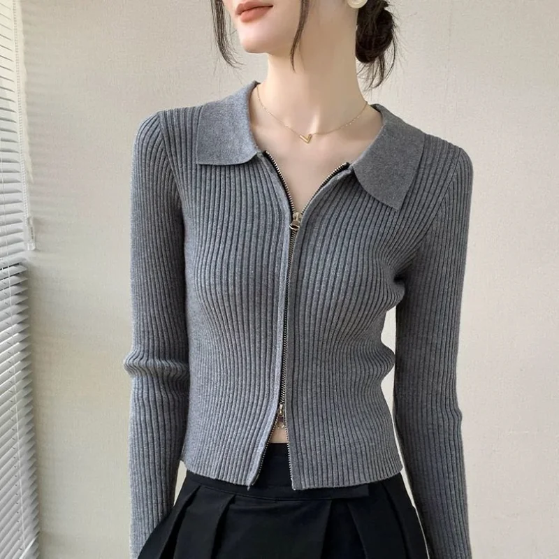 

Zipper Sweater Short Jacket POLO Collar Knitted Cardigan Women's Autumn New Long-sleeved Slim Lapel Top