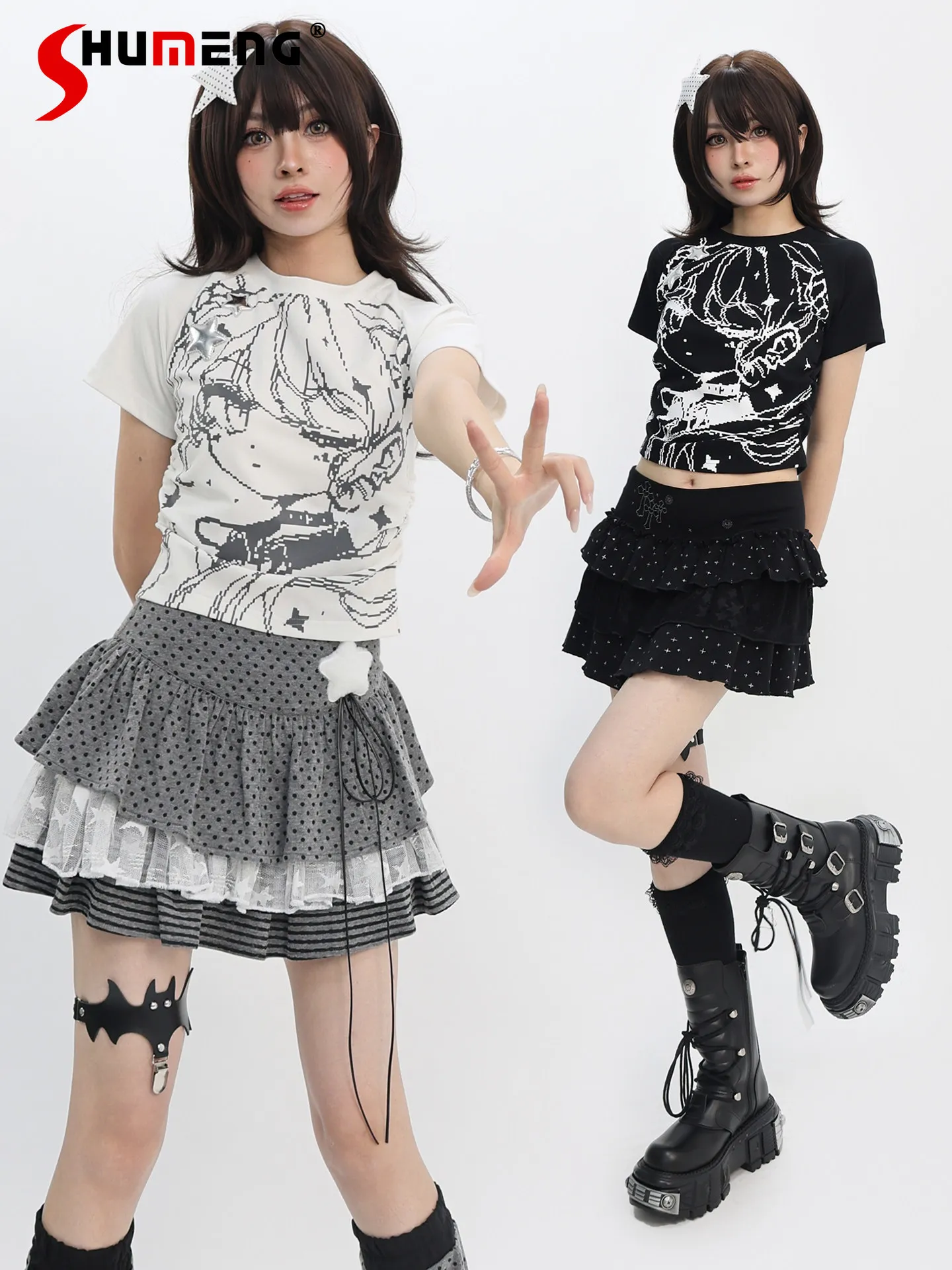 

Original Japanese Sweet Punk Girl's Y2k Tops Round Neck Short Sleeve Cartoon Print Slim Fit Short T-shirt for Women Summer 2026