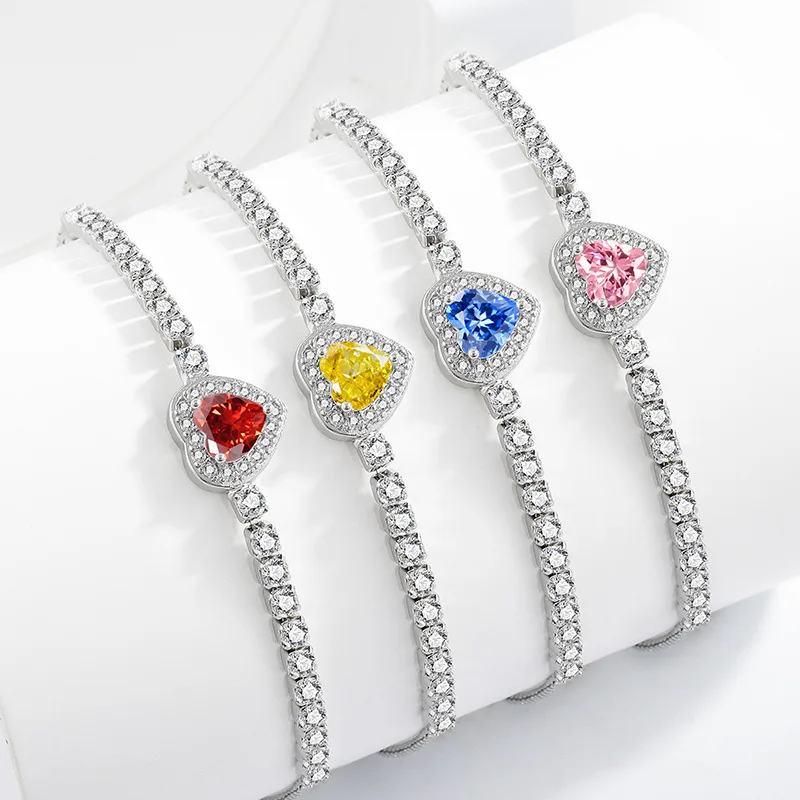 Leichtes, luxuriöses 925er-Sterlingsilber-Armband mit herzförmigem Liebesschnitt und farbigem Kristall-Zirkon-Armband, Nischendesign-Damenschmuck