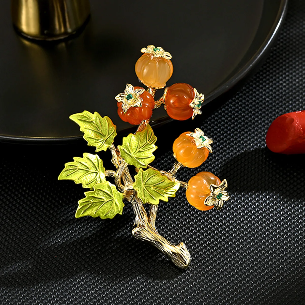 Chinese Style Persimmon Agate Brooch Enamel Lucky Pattern Creative Gift Light Luxury