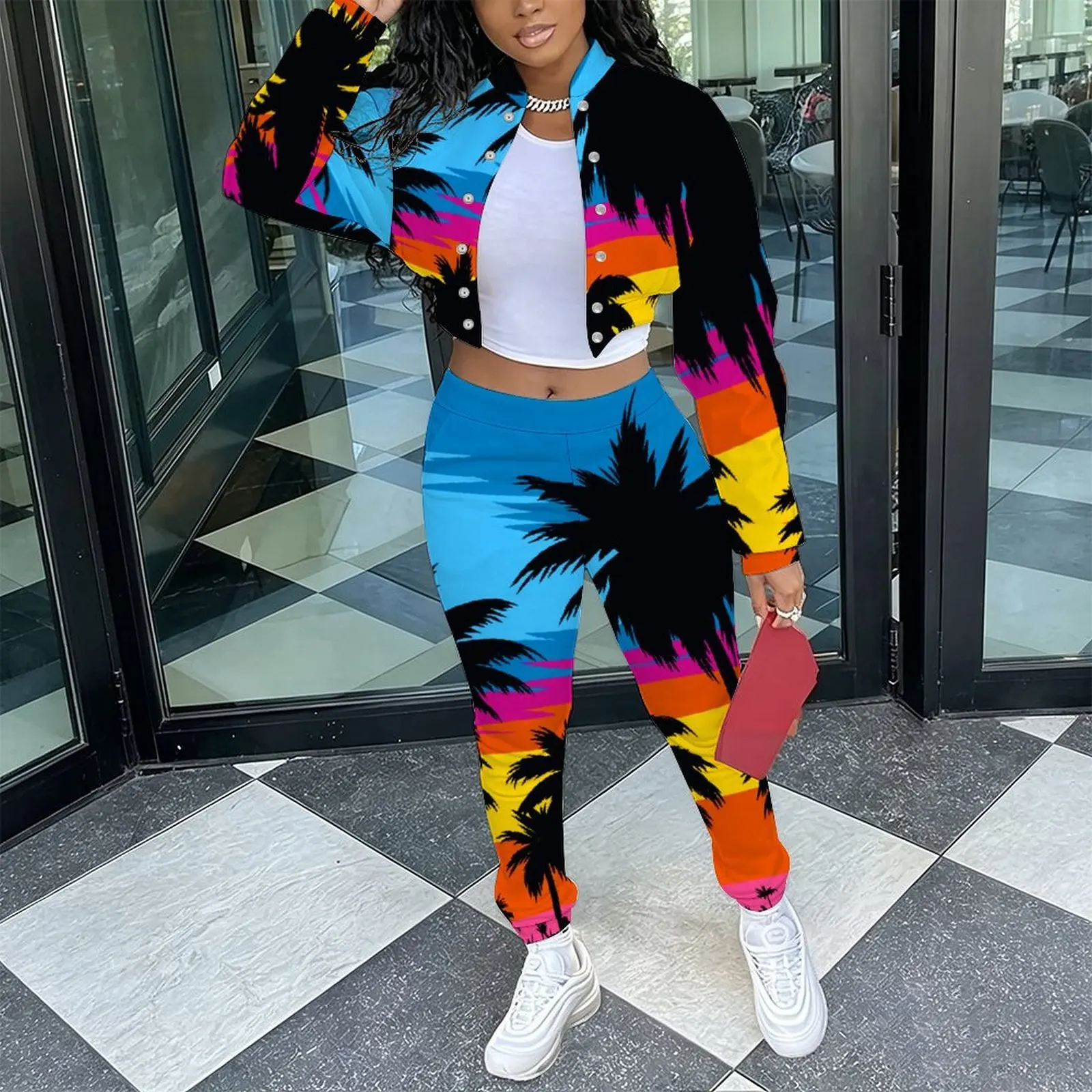 Female Elegant Sexy 2‑Piece Outfit Retro Slim Fit Long Sleeve Jacket   Everyday Commuting Vacation Fashion Long Pants