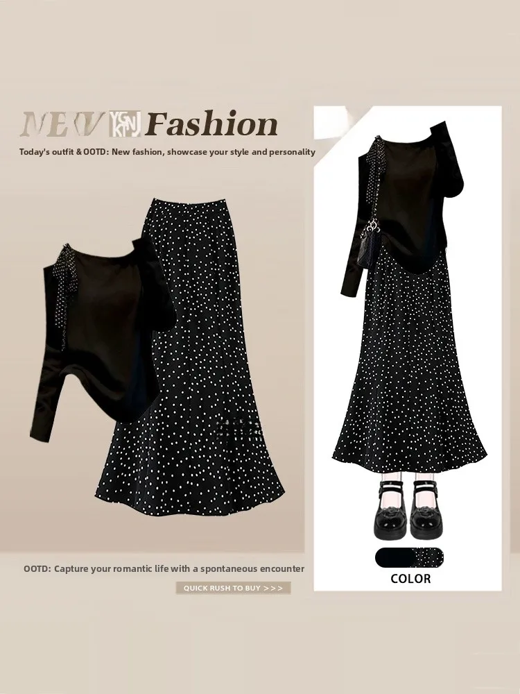 

Daily Commute Slimming Long Sleeve Outfit Set Women Spring Summer Polka Dot Half Skirt Fashionable T-Shirt Two-Piece Set